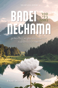 BADEI NECHAMA book cover with mountains, lake, and white peony.