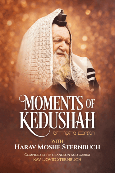 Harav Moshe Sternbuch praying, book cover Moments of Kedushah.