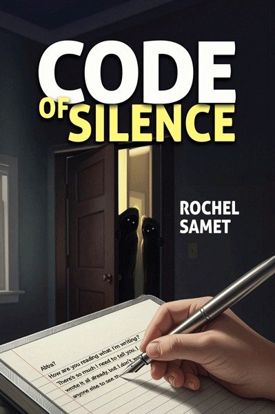 Thriller book cover featuring a hand writing and shadowy figures.