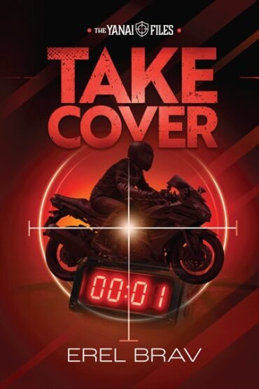 Thriller book cover with motorcyclist targeted by a sniper scope.