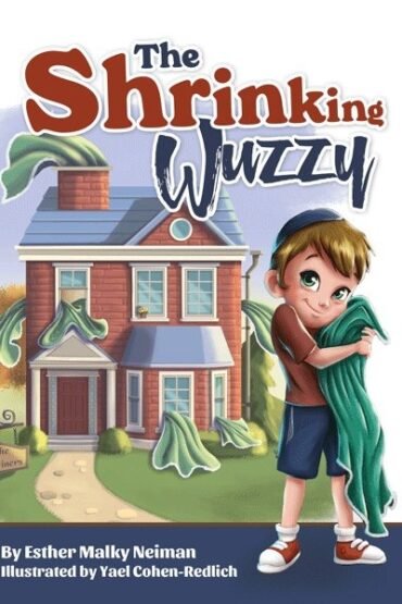 Book cover for 'The Shrinking Wuzzy' with boy and house.