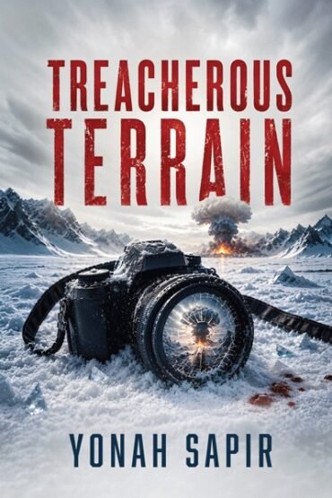 Book cover for 'Treacherous Terrain' with camera and explosion.