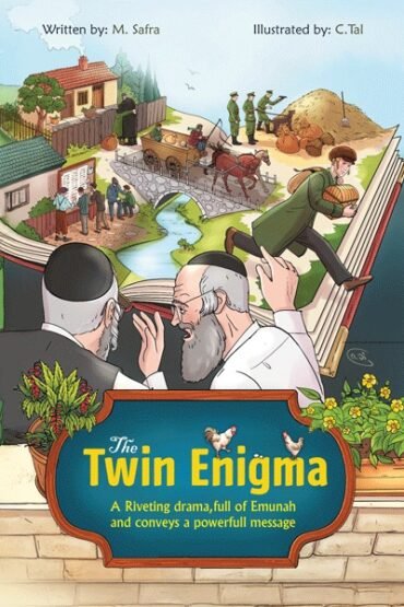 Book cover for The Twin Enigma with historical pop-up scenes.